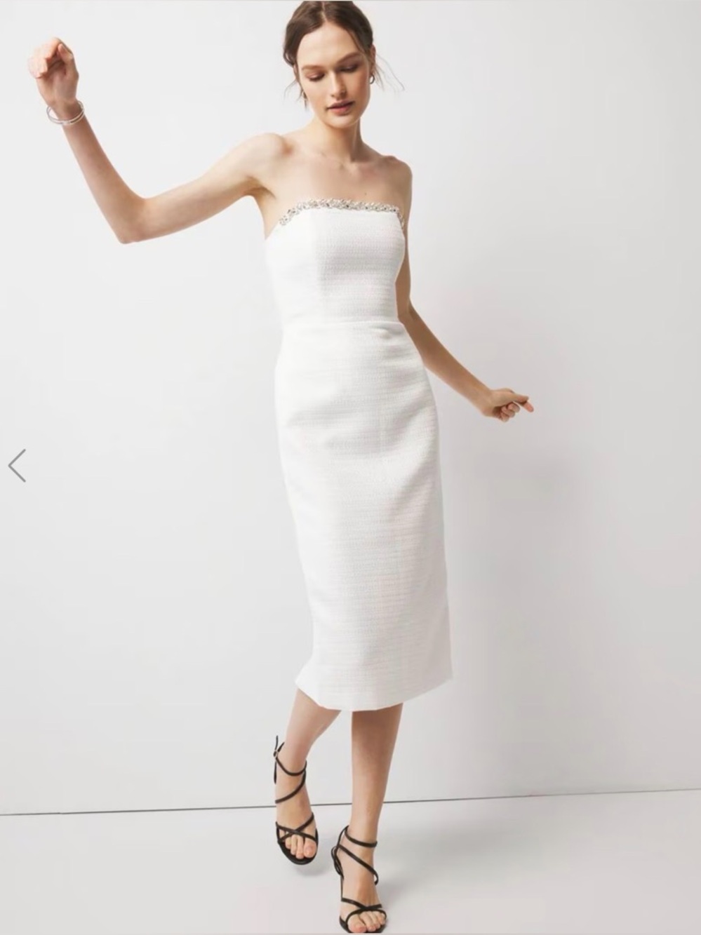 WHBM White Strapless Tweed Sheath Dress Crystal Trim Size 2 Midi Bridal